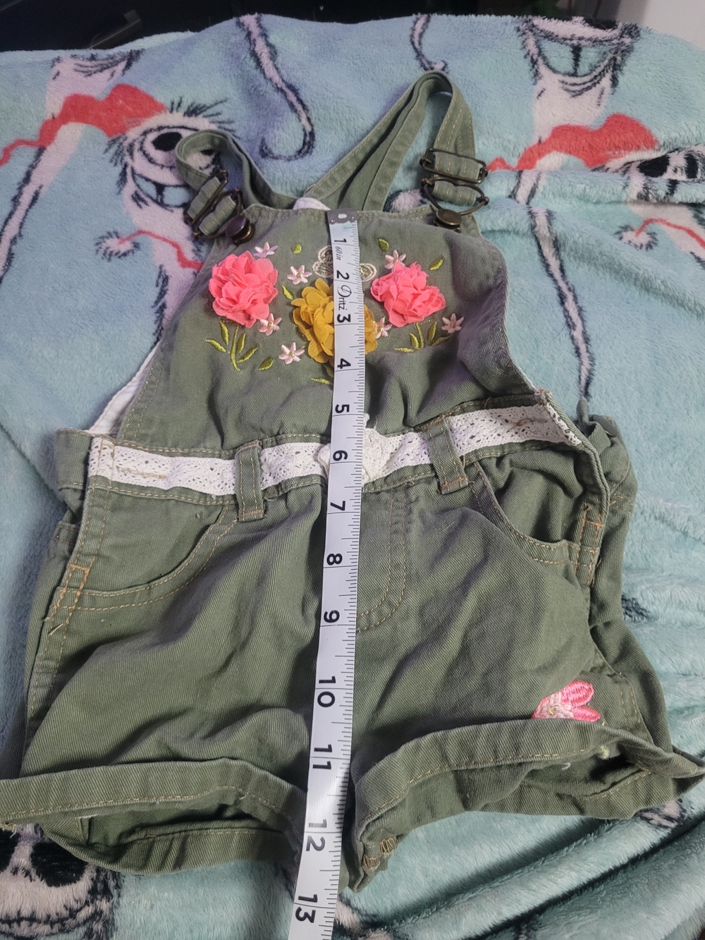 Source Unknown Olive Green Floral Embroidered Short Overalls with 3D Flowers